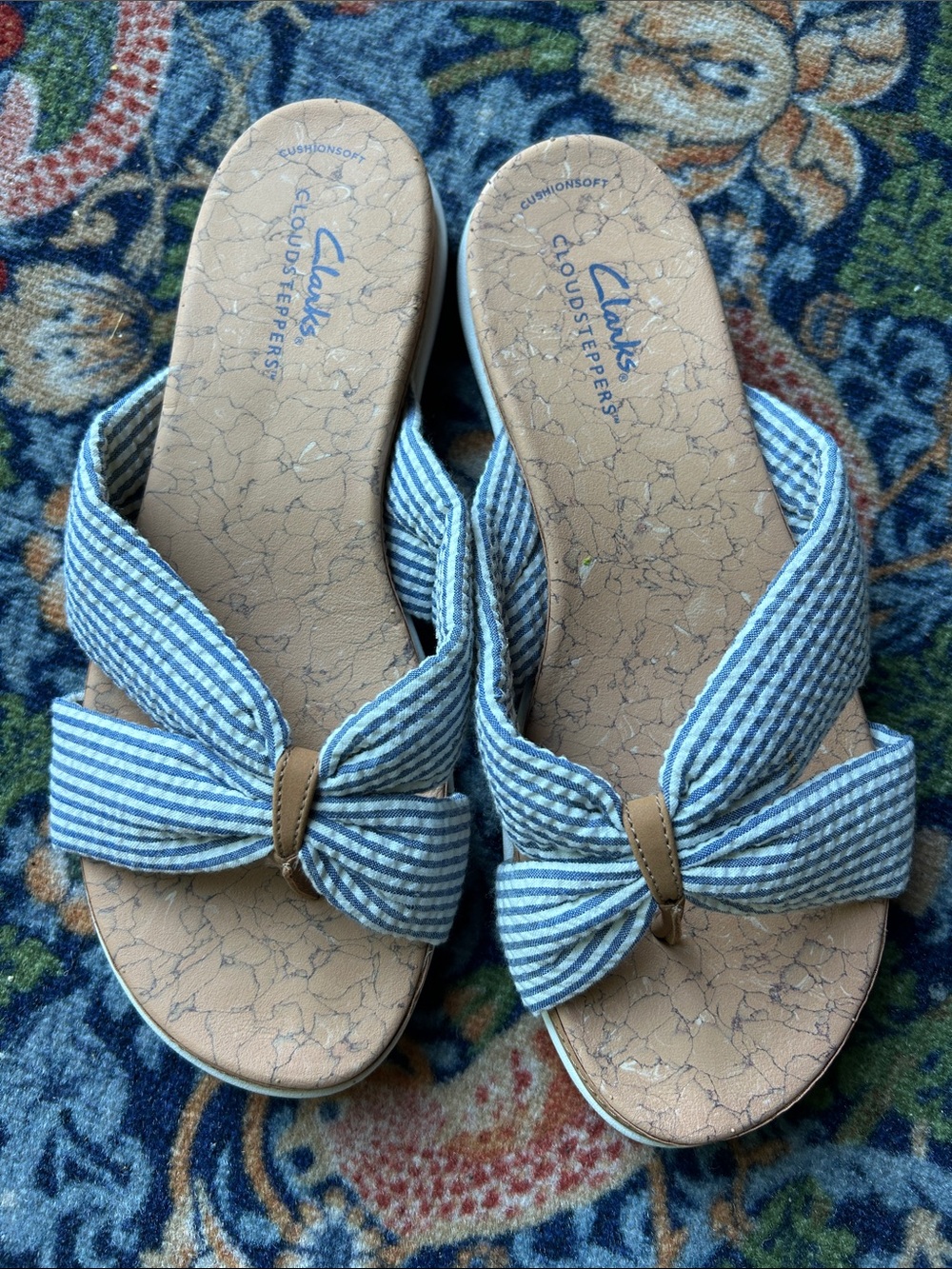 Clarks Women's Blue and White Striped Bow Slide Sandals - Cloudsteppers